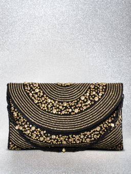 Peora - Womens Handmade Evening Stylish Bridal Black Clutch with Detachable Strap