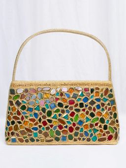 Peora - Womens Golden Multi-Color Embellished Evening Handbag