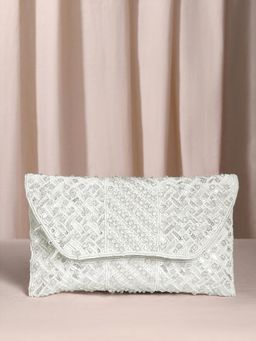 Peora - Womens White Embellished Ethnic Clutch with Detachable Strap