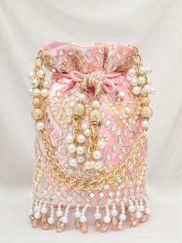 Peora - Womens Ethnic Wristlet Light Pink Embellished Potli Bag
