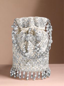 Peora - Womens Ethnic Wristlet Silver Embellished Potli Bag