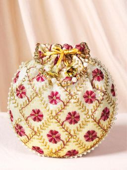 Peora - Womens Maroon Ethnic Embroidered Floral Potli Bag