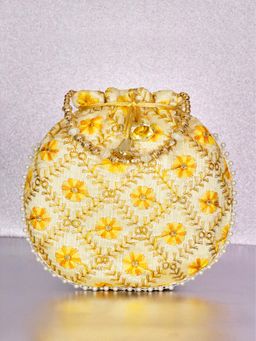 Peora - Womens Yellow Ethnic Embroidered Floral Potli Bag