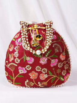 Peora - Womens Fancy Evening Maroon Multi-Color Ethnic Embroidered Potli Bag