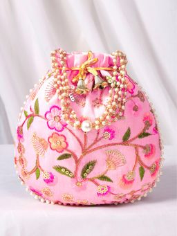 Peora - Womens Fancy Evening Light Pink Multi-Color Ethnic Embroidered Potli Bag