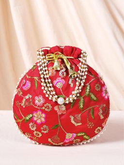 Peora - Womens Fancy Evening Red Multi-Color Ethnic Embroidered Potli Bag