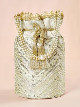 Peora - Womens Ethnic Cream Embellished Potli Bag