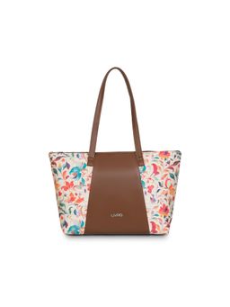 LIVRO - Womens Cream Vegan Leather Jute Floral Printed Double Handle Tote Bag
