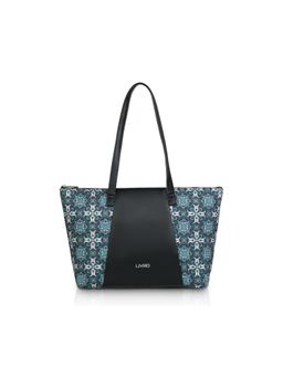 LIVRO - Womens Blue Vegan Leather Jute Floral Printed Double Handle Tote Bag