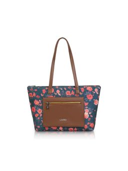 LIVRO - Womens Blue Vegan Leather Jute Floral Printed Double Handle Tote Bag