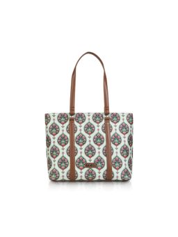 LIVRO - Womens White Vegan Leather Jute Floral Printed Double Handle Tote Bag