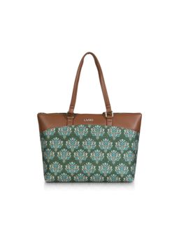 LIVRO - Womens Green Vegan Leather Jute Floral Printed Double Handle Tote Bag
