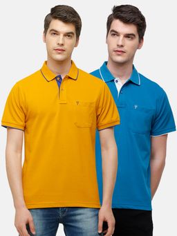 Classic Polo - Men Solid Mustard & Blue Cotton Blend Regular Fit Polo T-Shirts (Pack of 2)