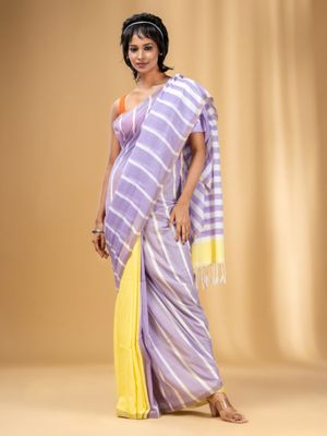 CHARUKRITI Lilac and Banana Yellow Cotton Handwoven Half N Half Stripe Saree with Unstitched Blouse