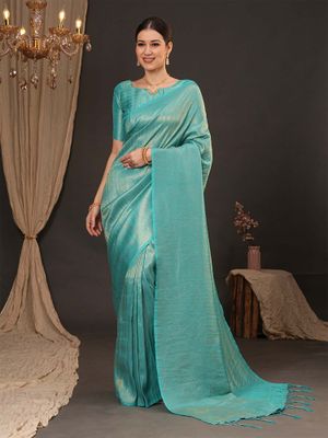 Women's Silk Blend Light Blue Woven Design Designer Saree With Blouse Piece