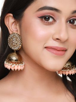 VIRAASI - Gold Plated Pink Pearl Kundan Big Jhumka Earrings for Women and Girls