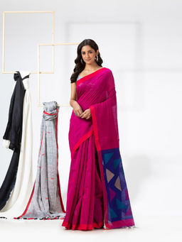 Angoshobha - Rani Pink Cotton Blended Festive Jamdani Saree with Unstitched Blouse