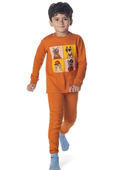 Hopscotch - Unisex Orange Dog Print Thermal T-Shirt and Pajama Set