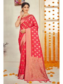Sangam Prints - Pink Silk Woven Zari Work Traditional Tassel Saree with Unstitched Blouse