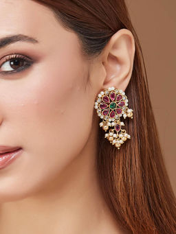 Fabindia - Women Multi Stone Metal Pearl Drop Earrings