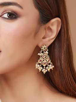 Fabindia - Women Multi Stone Pearl Metal Drop Earrings