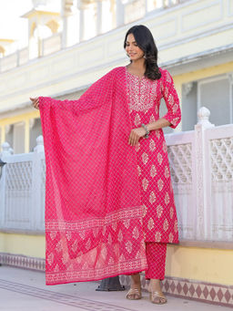 Stylum - Women's Pink Printed & Embroidered Rayon Straight Kurta with Pant & Dupatta (Set of 3)