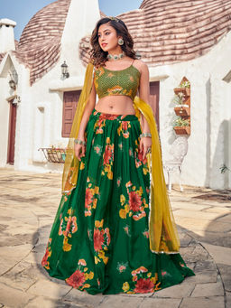 Pink Ethnic - Green Embroidered Semi-Stitched Lehenga & Unstitched Blouse with Dupatta (Set of 3)