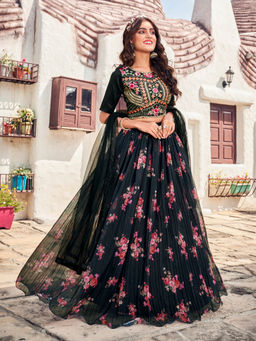 Pink Ethnic - Black Floral Semi-Stitched Lehenga & Unstitched Blouse with Dupatta (Set of 3)