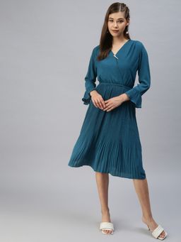 SHOWOFF - Women Solid Teal Fit and Flare Dress