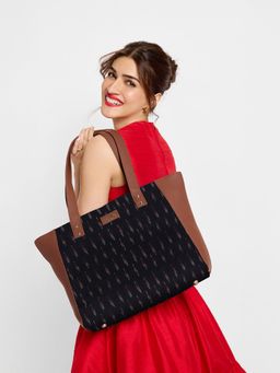 Zouk - Women Handcrafted Ikat Side Tote Bag & Handbag for Office and College-Black