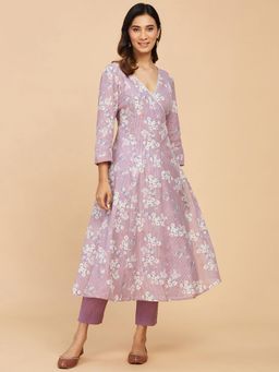 Fabindia - Purple Cotton Printed Long Kurta