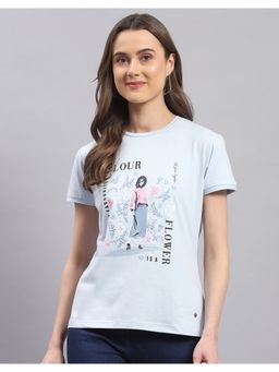 Monte Carlo - Womens Blue Printed Round Neck Half Sleeve T-Shirt