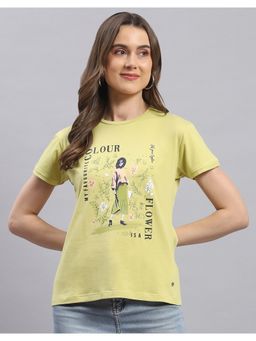 Monte Carlo - Womens Lime Green Printed Round Neck Half Sleeve T-Shirt
