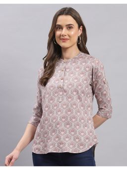 Monte Carlo - Womens Purple Printed Mandarin Collar Three Fourth Sleeve Top