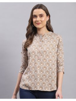 Monte Carlo - Womens Brown Printed Mandarin Collar Three Fourth Sleeve Top