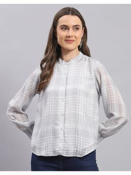 Monte Carlo - Womens Grey Checkered Mandarin Collar Full Sleeve Top