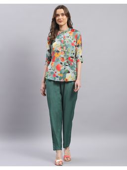 Monte Carlo - Womens Green Printed Mandarin Collar Half Sleeve Co-Ord (Set of 2)