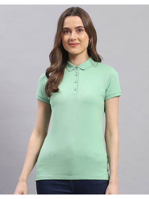 Buy Monte Carlo Womens Green Solid Collar Neck Half Sleeve Polo T