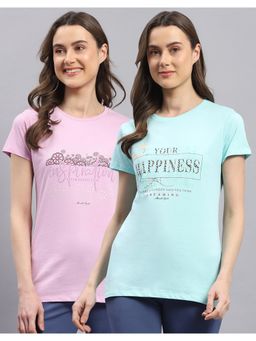 Monte Carlo - Womens Blue & Purple Printed Round Neck Half Sleeve Top (Set of 2)