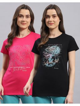 Monte Carlo - Womens Black & Pink Printed Round Neck Half Sleeve Top (Set of 2)