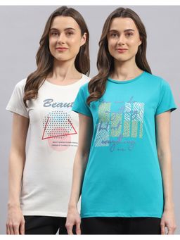 Monte Carlo - Womens Off White & Turquoise Printed Round Neck Half Sleeve Top (Set of 2)