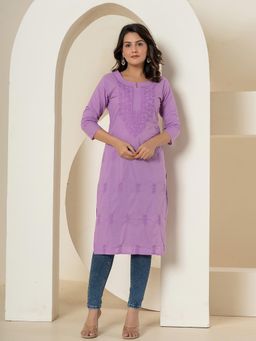 Yufta - Women Lavender Embroidered Cotton Straight Fit Kurta