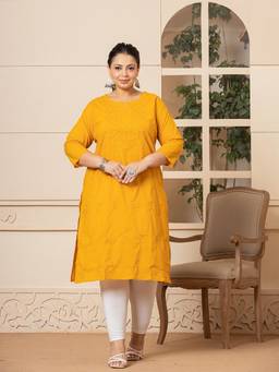 Yufta - Women Mustard Embroidered Cotton Straight Fit Kurta