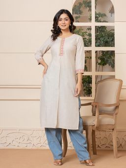 Yufta - Women Beige Embroidered Linen Straight Fit Kurta