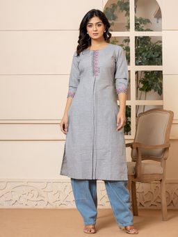Yufta - Women Grey Embroidered Linen Straight Fit Kurta