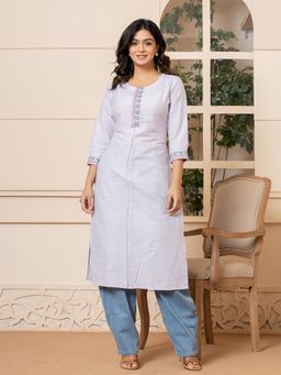 Yufta - Women Lavender Embroidered Linen Straight Fit Kurta