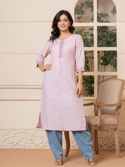 Yufta - Women Pink Embroidered Linen Straight Fit Kurta