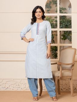 Yufta - Women Blue Embroidered Linen Straight Fit Kurta