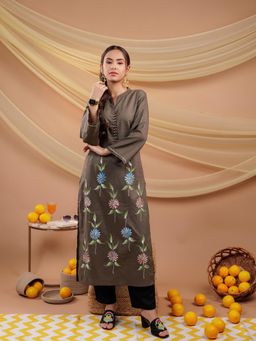 Yufta - Women Olive Floral Cotton Straight Fit Kurta