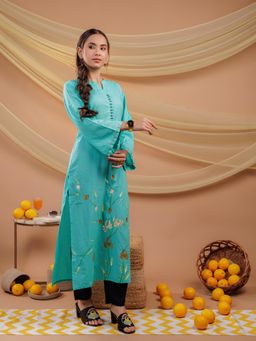 Yufta - Women Green Floral Cotton Straight Fit Kurta